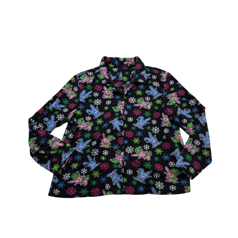 It's Happy Bunny Pajamaâ Set Black Fleece Jim Benton Y2K Snowflake Loungewear XL